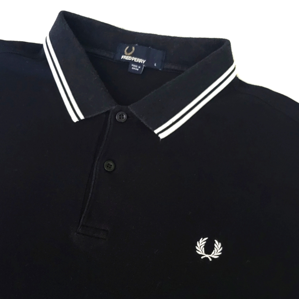 Fred Perry Polo Shirt Men's Large Black White Tipped Laurel Wreath Pullover New